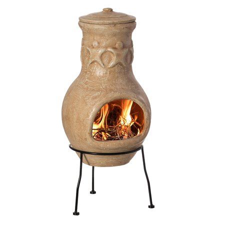 VINTIQUEWISE Outdoor Beige Clay Chimenea Maya Design Fire Pit with Metal Stand QI004350